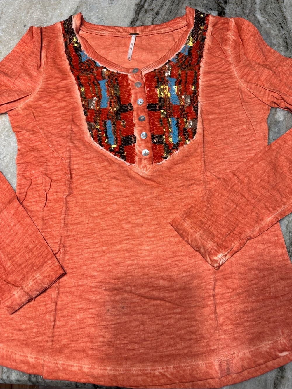 Free People Henley Top Womens Medium Sequin Embellished Orange Boho Long Sleeve